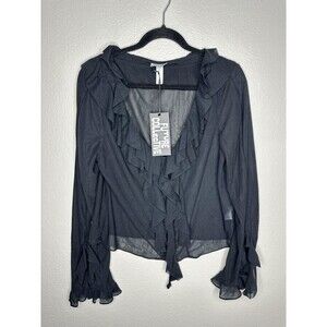 Future Collective Shirt Womens Large Black Sheer Ruffle Wrap Tie Long Sleeve Top